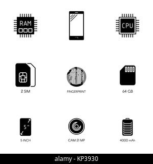Smartphone specification flat line icons. Gadget description. Icon set vector. Stock Vector