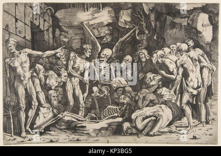 A group of emaciated men and women gathered around a skeleton laid on the ground and a figure of Death as a winged skeleton standing above it holding an open book MET DP818696 343597 Stock Photo
