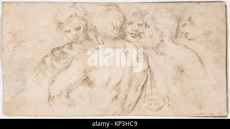 An illustration of five male figures in half-length, showing classical ...
