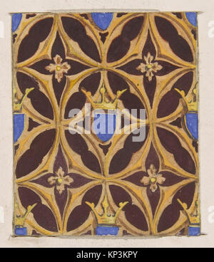 Wallpaper design with repeating motifs of blue shields topped with crowns, demonstrating heraldic symbolism and decorative art for interiors. Stock Photo