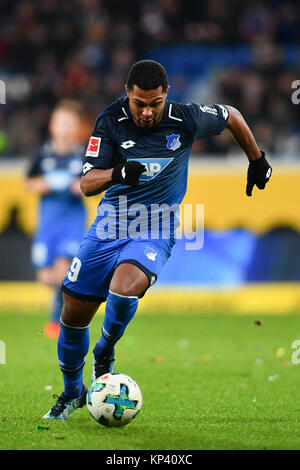 Sinsheim, Germany. 13th Dec, 2017. Hoffenheim's Serge Gnabry in action during the German Bundesliga soccer match between 1899 Hoffenheim and VfB Stuttgart in the Rhein-Neckar-Arena in Sinsheim, Germany, 13 December 2017. Hoffenheim won 1-0. Credit: Uwe Anspach/dpa/Alamy Live News Stock Photo