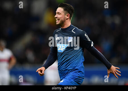 Sinsheim, Germany. 13th Dec, 2017. Hoffenheim's Mark Uth celebrates his 1-0 goal during the German Bundesliga soccer match between 1899 Hoffenheim and VfB Stuttgart in the Rhein-Neckar-Arena in Sinsheim, Germany, 13 December 2017. Hoffenheim won 1-0. Credit: Uwe Anspach/dpa/Alamy Live News Stock Photo