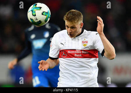 Sinsheim, Germany. 13th Dec, 2017. Stuttgart's Santiago Ascacibar heads the ball during the German Bundesliga soccer match between 1899 Hoffenheim and VfB Stuttgart in the Rhein-Neckar-Arena in Sinsheim, Germany, 13 December 2017. Hoffenheim won 1-0. Credit: Uwe Anspach/dpa/Alamy Live News Stock Photo