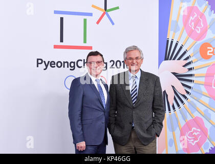 Berlin, Germany. 12th Dec, 2017. ARD programm director Volker Herres and editor in chief of ZDF, Peter Frey (R) during a press conference of the public television channels ARD and ZDF regarding the media coverage of the 23rd Winter Olympics in Pyeongchang (9.-25.2.2018), in Berlin, Germany, 12 December 2017. Credit: Jens Kalaene/dpa-Zentralbild/ZB/dpa/Alamy Live News Stock Photo