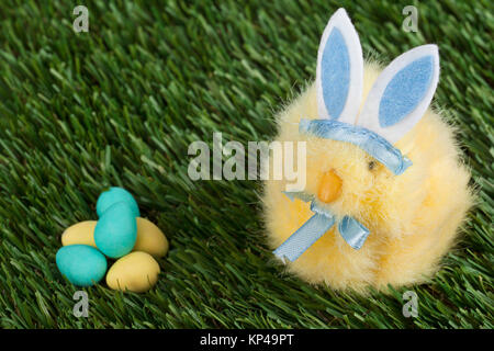 blue bunny staring at the easter eggs Stock Photo