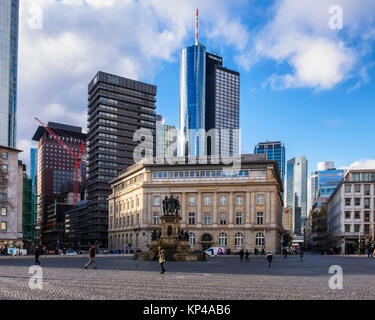 Frankfurt,Germany .View of financial, banking & business district from Roßmarkt square, Old and new bank buildings and Gutenberg Monumnet Stock Photo