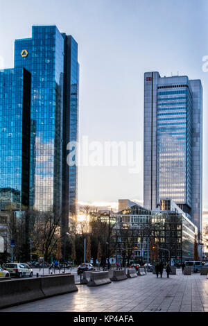 Frankfurt,Germany Commerz Bank Tower & Deutsche Bahn Silver tower.Modern high-rise skyscraper buildings in Business, banking & financial district.     Stock Photo