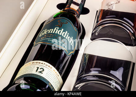 Varna, Bulgaria - DECEMBER ,06, 2017: Glenfiddich Single Malt Scotch whisky with two glasses. luxury packaging Stock Photo