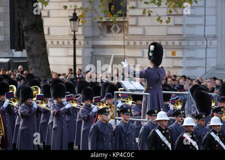 The Queen, accompanied by several senior members of the Royal family, attends the annual Remembrance Day parade at the Cenotaph. This year Prince Charles is laying the Queen’s wreath on her behalf.  Featuring: Atmosphere Where: London, United Kingdom When: 12 Nov 2017 Credit: John Rainford/WENN.com Stock Photo