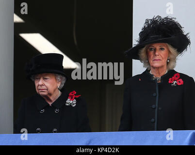 The Queen, accompanied by several senior members of the Royal family, attends the annual Remembrance Day ceremony at the Cenotaph. This year Prince Charles is laying the Queen’s wreath on her behalf.  Featuring: Queen Elizabeth II, Camilla Duchess of Cornwall Where: London, United Kingdom When: 12 Nov 2017 Credit: John Rainford/WENN.com Stock Photo