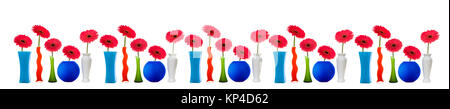 Border of pink gerberas in multi-colored vases isolated on white background. Background for your design. Stock Photo
