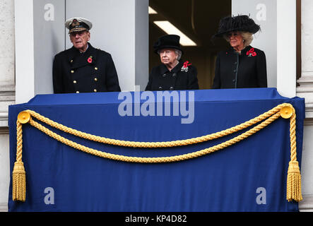 The Queen, accompanied by several senior members of the Royal family, attends the annual Remembrance Day ceremony at the Cenotaph. This year Prince Charles is laying the Queen’s wreath on her behalf.  Featuring: Prince Philip, Queen Elizabeth II, Camilla Duchess of Cornwall Where: London, United Kingdom When: 12 Nov 2017 Credit: John Rainford/WENN.com Stock Photo