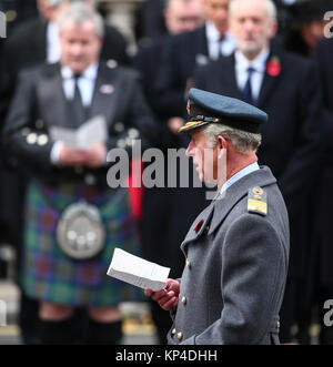 The Queen, accompanied by several senior members of the Royal family, attends the annual Remembrance Day ceremony at the Cenotaph. This year Prince Charles is laying the Queen’s wreath on her behalf.  Featuring: Prince Charles Where: London, United Kingdom When: 12 Nov 2017 Credit: John Rainford/WENN.com Stock Photo