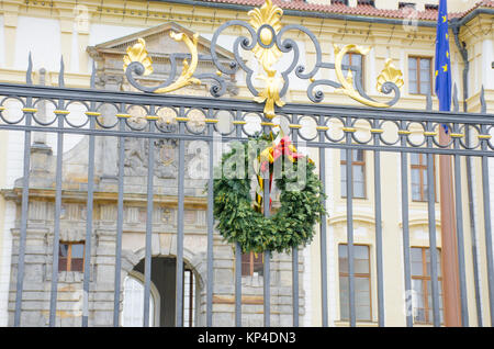 Christmas Wreath on gates of palace in prague Stock Photo