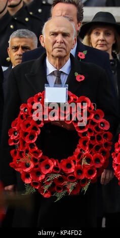 The Queen, accompanied by several senior members of the Royal family, attends the annual Remembrance Day ceremony at the Cenotaph. This year Prince Charles is laying the Queen’s wreath on her behalf.  Featuring: Vince Cable Where: London, United Kingdom When: 12 Nov 2017 Credit: John Rainford/WENN.com Stock Photo