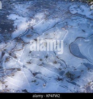 Ice patterns in a frozen puddle of water Stock Photo