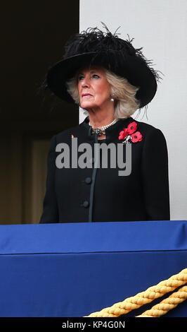 The Queen, accompanied by several senior members of the Royal family, attends the annual Remembrance Day ceremony at the Cenotaph. This year Prince Charles is laying the Queen’s wreath on her behalf.  Featuring: Camilla Duchess of Cornwall Where: London, United Kingdom When: 12 Nov 2017 Credit: John Rainford/WENN.com Stock Photo