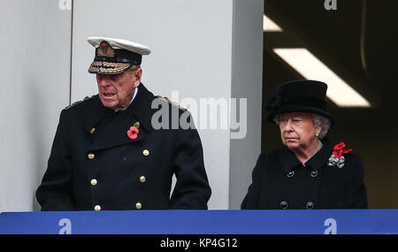 The Queen, accompanied by several senior members of the Royal family, attends the annual Remembrance Day ceremony at the Cenotaph. This year Prince Charles is laying the Queen’s wreath on her behalf.  Featuring: Prince Philip, Queen Elizabeth II Where: London, United Kingdom When: 12 Nov 2017 Credit: John Rainford/WENN.com Stock Photo