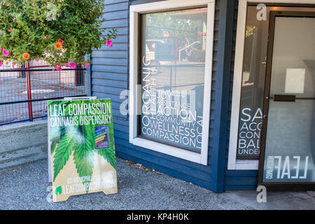 Salt Spring Island, Canada - August 28th, 2017: The entrance of the Salt Spring Compassion cannabis dispensary in Salt Spring Island. Stock Photo