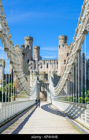 North wales conway north wales conwy north wales cymru conway castle conwy castle and Conway suspension bridge by thomas Telford Conwy Gwynedd wales Stock Photo