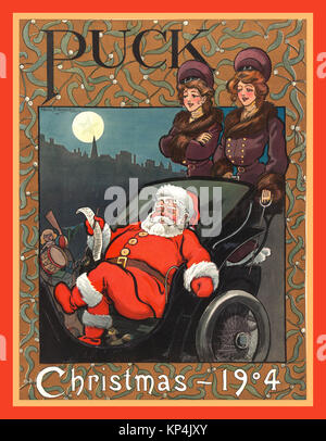 Vintage Christmas 1900's Santa Claus riding in an open carriage with two stylish women assistants and bag full of gifts Christmas Cover by Frank A Nankivell for 'Puck' magazine,1904. A popular weekly, founded by Joseph Ferdinand Keppler, in St. Louis USA 1871 Stock Photo