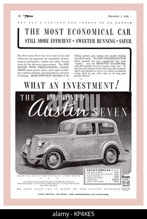 1930s Vintage Austin Seven 2 door saloon British motorcar 1936 press magazine advertisement Stock Photo