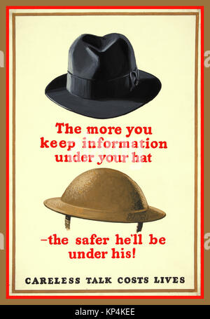 1940's WW2 British UK Propaganda poster Anti-rumour and careless talk 'The more you keep information under your hat, the safer he'll be under his' CARELESS TALK COSTS LIVES' World War 2 Stock Photo