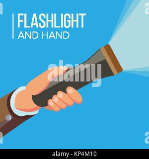 Hand Holding Flashlight Vector. Business Search Concept. Electric Spotlight And Beam Light. Bright Ray. Flat Illustration Stock Vector