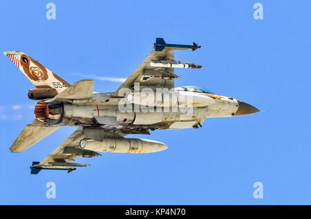 Israeli Air Force (IAF) General Dynamics F-16C in flight.  Photographed at the  “Blue-Flag” 2017, an international aerial training exercise hosted by  Stock Photo