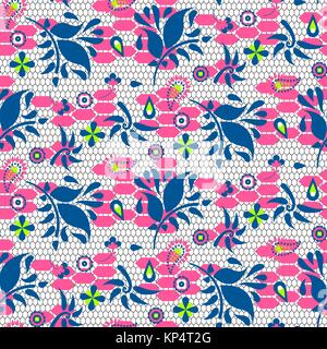 Floral lace blue and pink vector seamless pattern. Stock Vector