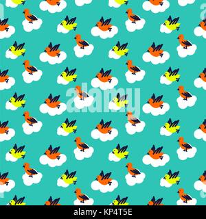 Birds on clouds turquoise blue pattern seamless vector. Stock Vector