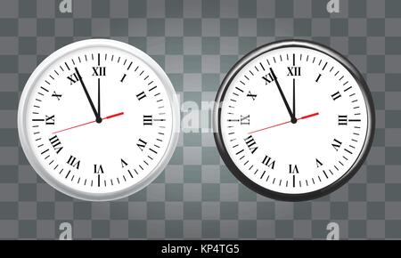 White and black wall office clock icon set. showing five minutes to twelve. For new year concept. Stock Vector