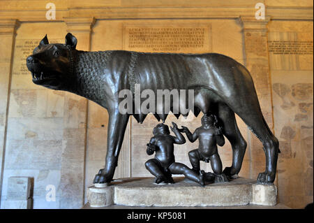 Italy, Rome, Capitoline Museums, Musei Capitolini, Palazzo dei Conservatori, she-wolf with Romulus and Remus, ancient roman bronze sculpture Stock Photo