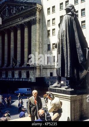 May 1982,New York,TV crew,interview,George Washington statue,Stock Exchange building facade,Broad street,Manhattan,New york City,NY,NYC,USA, Stock Photo
