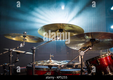 drum set on stage and light background; empty stage with instruments ready for performance Stock Photo