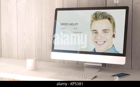 3d rendering workspace with customer support on the screen of computer and smartphone. All screen graphics are made up. Stock Photo