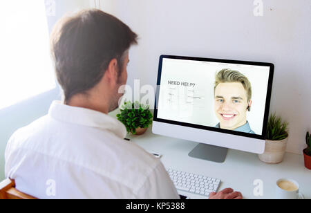 Man contacting customer support  on computer Stock Photo