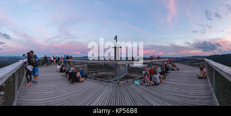 LIPNO, CZECH REPUBLIC - 18 July 2017. A group of people are at the top of the observation tower and watch the surroundings. Treetop Walkway in Lipno. Stock Photo