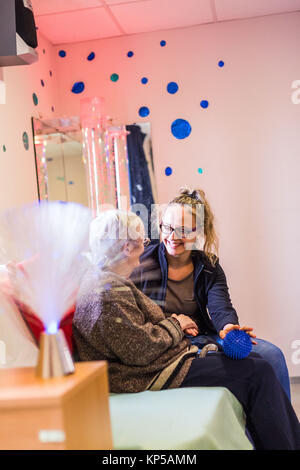 EHPAD specialized in the care of the elderly suffering from Alzheimer's disease, Snoezelen space, controlled multisensory stimulation room, Center for Stock Photo
