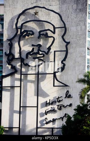 Ernesto Che Guevara as an art installation and propaganda work of art on a wall at the Revolution Square, Havana, Cuba.