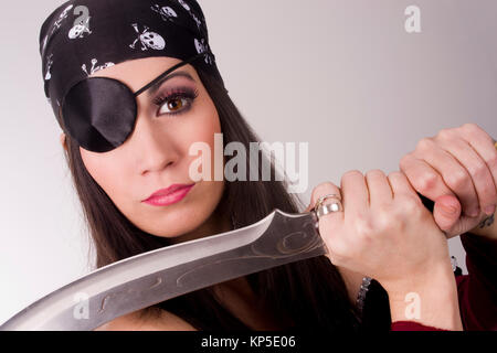 One Eyed Pirate Wench Woman Showing Knife Blade Stock Photo