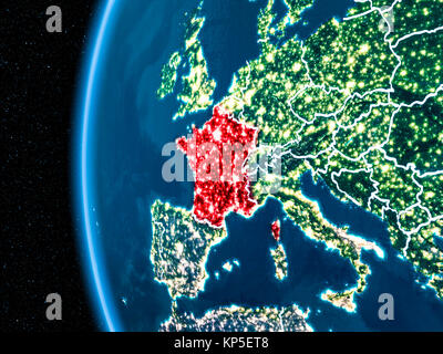 Space orbit view of France highlighted in red on planet Earth at night with visible country borders and city lights. 3D illustration. Elements of this Stock Photo