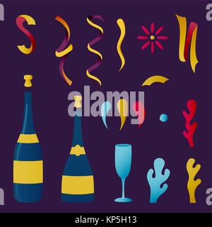 Champagne bottle celebration set, party drink elements for special events or holiday. Includes confetti, drinking glass, and decoration. EPS10 vector. Stock Vector