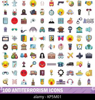 100 antiterrorism icons set, cartoon style  Stock Vector