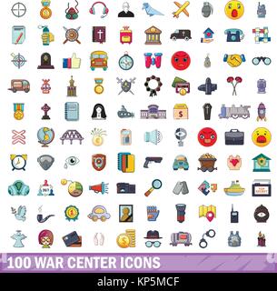 100 war center icons set, cartoon style  Stock Vector