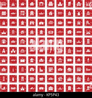 100 building icons set grunge red Stock Vector