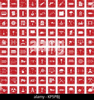 100 building materials icons set grunge red Stock Vector