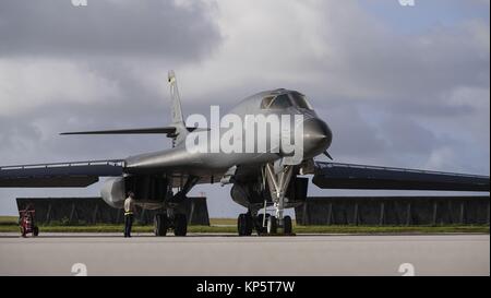 A U.S. Air Force B-1B Lancer strategic bomber aircraft lands on the runway at the Anderson Air Force Base December 4, 2017 in Yigo, Guam.  (photo by Richard P. Ebensberger via Planetpix) Stock Photo