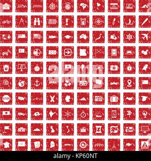 100 cartography icons set grunge red Stock Vector