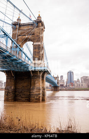 Storm over Suspension Bridge Newport Kentucky Cincinnati Ohio River Stock Photo